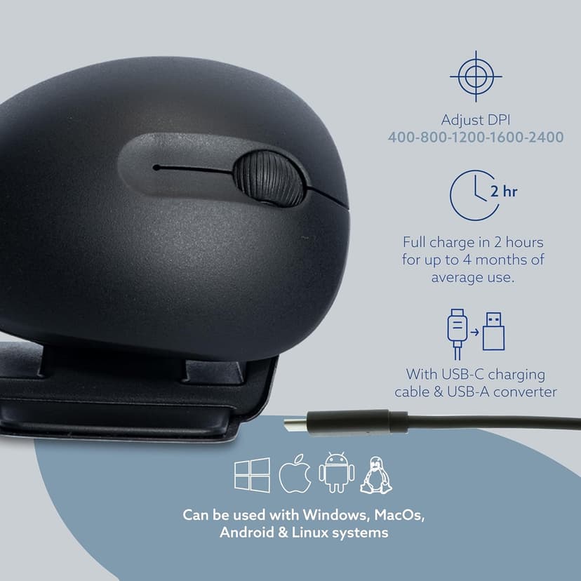 R-Go Twister Ambidextrous Mouse, Foldable design, Ergonomic vertical, With Break Software, Duo connection(Bluetooth&usb C), Silent Click, Prevents Tennis Elbow/RSI, For Windows/Mac, Black