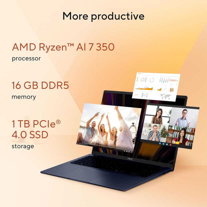 ASUS Vivobook 16 Laptop, Copilot+ PC, 16” WUXGA 60Hz Display, AMD Ryzen AI 7 350 with XDNA NPU, AMD Radeon Graphics, 16GB RAM, 1TB SSD, Quiet Blue, M1607KA-DS76