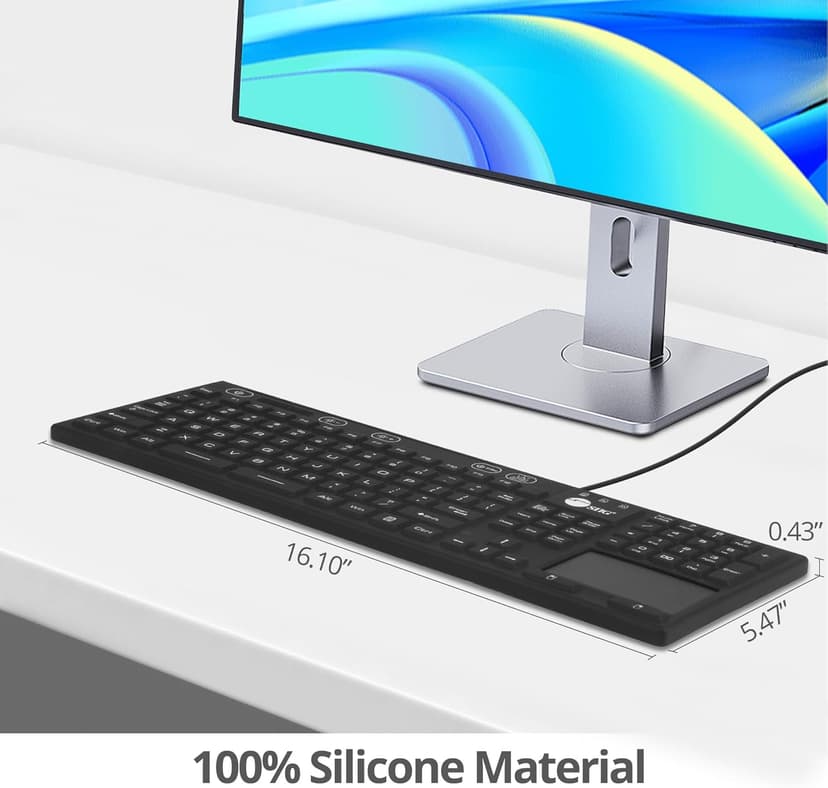 SIIG Wired Silicone Washable USB-A Keyboard with Touchpad, 110-key Layout, Industrial & Medical Grade, Dustproof, IP68 Compliant, 5 Levels Brightness, Silent & Quiet, Windows, Mac (JK-US0W11-S1)