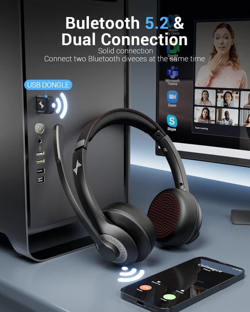 Wireless Headset with AI Noise Cancelling Microphone Bluetooth Headset - Bluetooth V5.2 Headphones with USB Dongle & Mic Mute for Computer/Laptop/PC/iPhone/Android/Cell Phones (Bluetooth+USB Dongle)