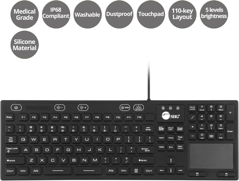 SIIG Wired Silicone Washable USB-A Keyboard with Touchpad, 110-key Layout, Industrial & Medical Grade, Dustproof, IP68 Compliant, 5 Levels Brightness, Silent & Quiet, Windows, Mac (JK-US0W11-S1)