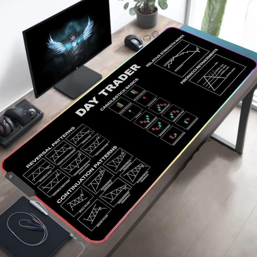 31.5x11.8in Crypto Gift Stock Market Day Trader RGB Mousepad Led, Trader Investor Gift Led Desk mat Chart and Candlestick Pattern, Reversal Continuation Patterns Large Gaming led Mouse Mat KMH