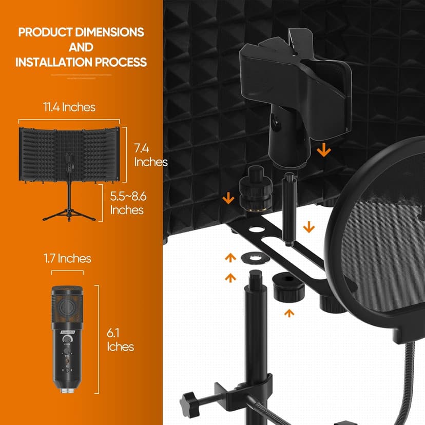Studio Recording Microphone Isolation Shield with Pop Filter and Metal Tripod Stand, Studio Mic to PC Laptop Smartphone, Music Microphone for Recording Singing Podcasting