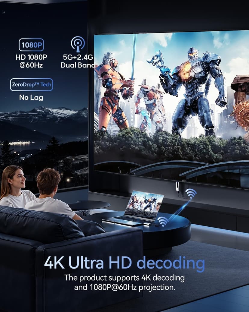 2025 Upgraded Wireless HDMI Transmitter and Receiver 328FT/100M, LED Display, 4K Decode 1080P@60Hz Ultra HD Video Output, Plug&Play 5G+2.4G for Video and Audio to Monitor from PC/Projector/TV Box