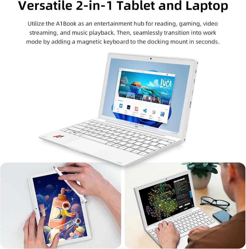 2-in-1 Detachable Touch Screen Laptop, 8GB DDR4 RAM, 128GB SSD, 10.1" Win 11 Tablet with Keyboard, Pentium N5030 (Up to 3.1GHz), Dual-Band WiFi, Bluetooth, USB 3.0, Dual Camera, White