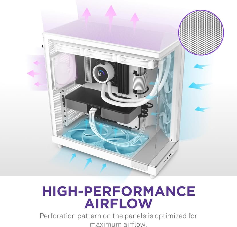 NZXT H6 Flow | CC-H61FW-01 | Compact Dual-Chamber Mid-Tower Airflow Case | Panoramic Glass Panels | High-Performance Airflow Panels | Includes 3 x 120mm Fans | Cable Management | White