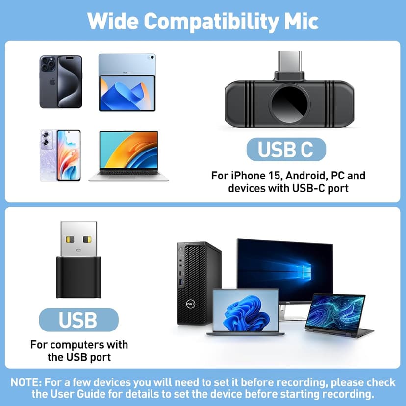 Type C Wireless Lavalier Microphone for iPhone 15,Android and Laptop,Tablet,PC,Clip on Microphone with Noise Reduction for Video Recording,Vlog,Interviews,Live Streaming,Podcast,TikTok,YouTube 2 Pack