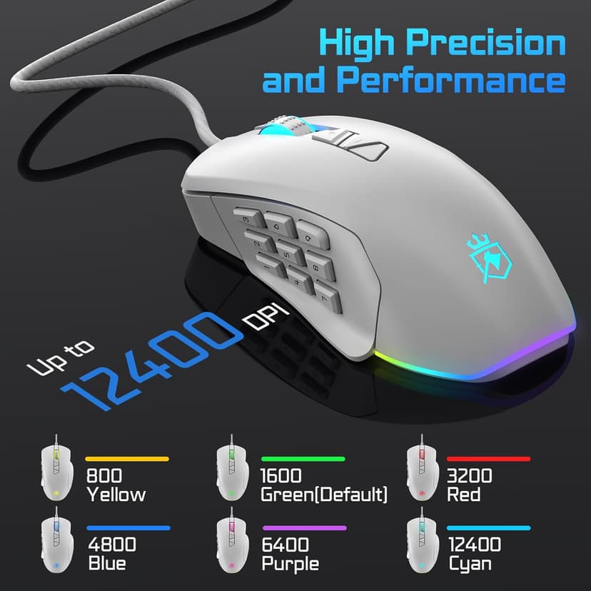 Wired Gaming Mouse with Side Plates, MMO Mouse with 14 Programmable Buttons, Ergonomic Gaming Mouse with 2 Grip Plates, Computer Mouse with Max 12,400 DPI, RGB Lighting, White