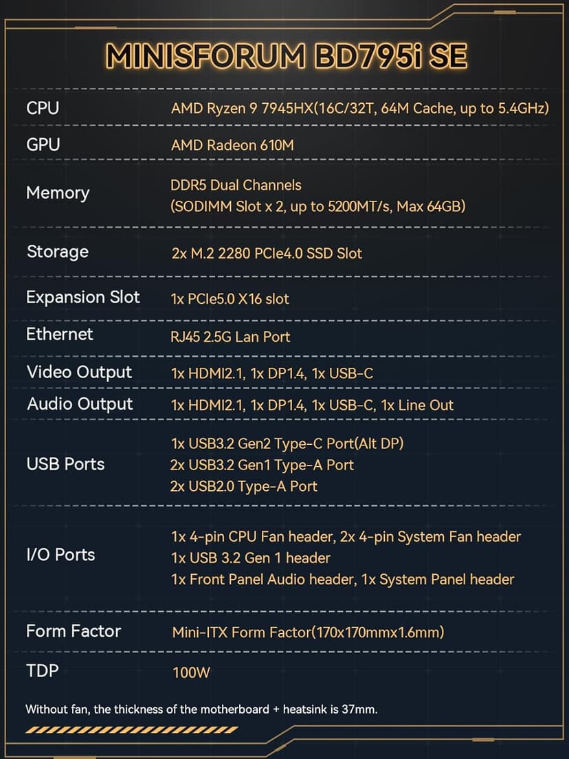 MINISFORUM Motherboard BD795i SE Mini ITX NAS Motherboard, AMD Ryzen 9 7945HX, 16 C/32 T,PCIe 5.0 x16 Slot, Dual PCIe4.0 M.2 Support, DDR5,8K Triple Output(HDMI/DP/USB-C), RJ45 2.5G, USB 3.2