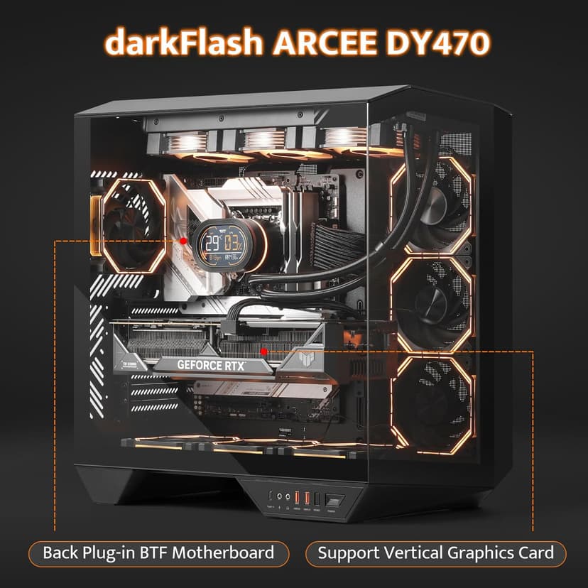 darkFlash Full-Tower ATX Gaming PC Case, Back Plug-in Motherboard, Dual-Chamber, Panoramic Glass, Up to 2 x 360mm Radiators, RTX 40 Compatible(DY470) (4 PWM ARGB Fans, Black)