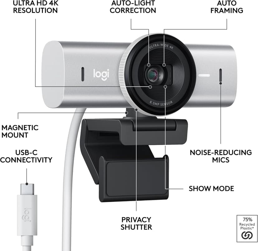 Logitech MX Brio, Multiple Resolutions, Dual Noise Reducing Mics, Show Mode, USB-C, Webcam Cover, Works with Microsoft Teams, Zoom, Google Meet - Pale Grey,