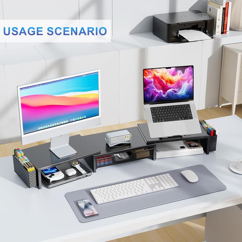 gianotter Dual Monitor Stand Riser, Desk Organizer With Drawer and 2 Pen Holders, Computer Monitor Stand, Desk Shelf for Top of Desk, Balck