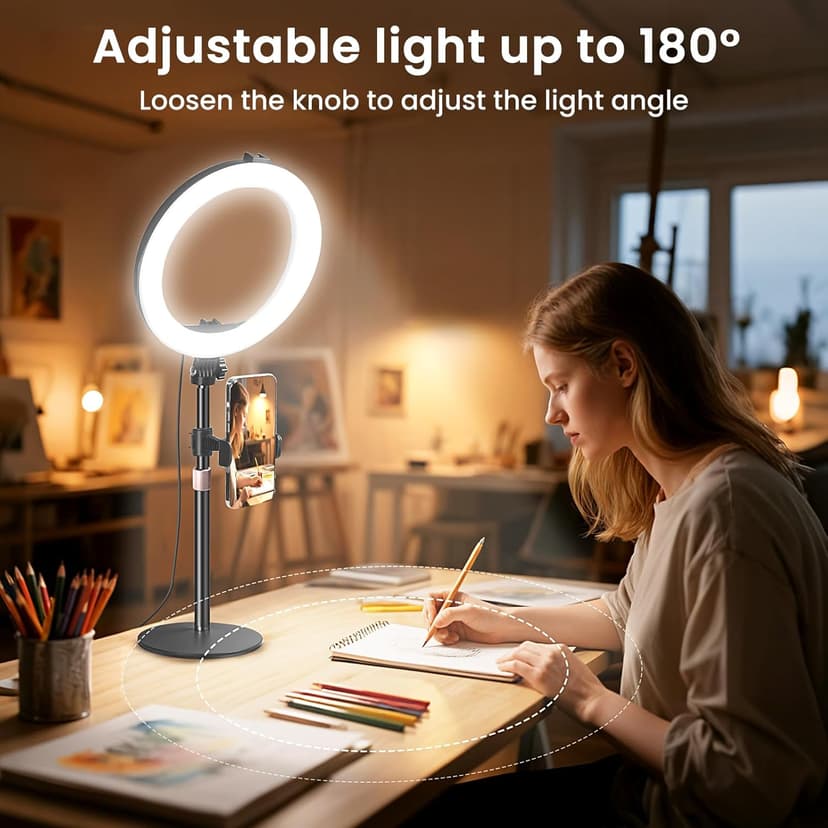 MACTREM 10“ Desk Ring Light with Stand, Desktop LED Circle Halo Light with Phone Holder for Computer Zoom Meeting, Laptop Light for Conference Video Calls, Live Streaming, Podcast, Selfie, Makeup