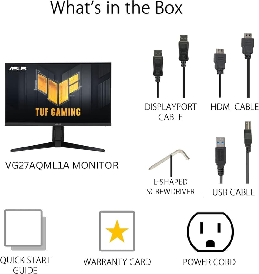 ASUS TUF Gaming 27” 1440P Gaming Monitor (VG27AQML1A) - QHD (2560 x 1440), 260Hz, 1ms, Fast IPS, Extreme Low Motion Blur Sync, G-SYNC compatible, FreeSync Premium, Variable Overdrive, DisplayHDR 40