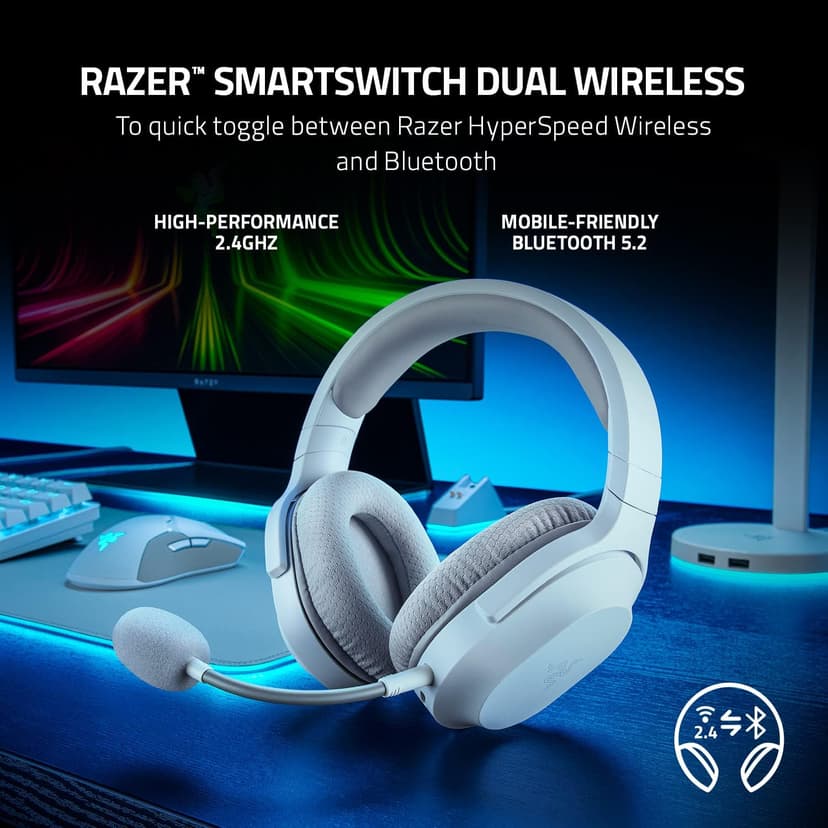 Razer Barracuda X Wireless Gaming & Mobile Headset (PC, PlayStation, Switch, Android, iOS): 2.4GHz Wireless + Bluetooth - Lightweight - 40mm Drivers - Detachable Mic - 50 Hr Battery - Mercury White