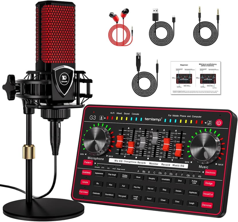 Podcast Microphone Bundle with Live Sound Board Audio Mixer, Podcast Equipment Bundle with 3.5mm Condenser Microphone for Pc/Phone Live Streaming Singing Gaming, Soundboard with Voice Changer, Denoise