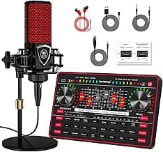 Podcast Microphone Bundle with Live Sound Board Audio Mixer, Podcast Equipment Bundle with 3.5mm Condenser Microphone for Pc/Phone Live Streaming Singing Gaming, Soundboard with Voice Changer, Denoise