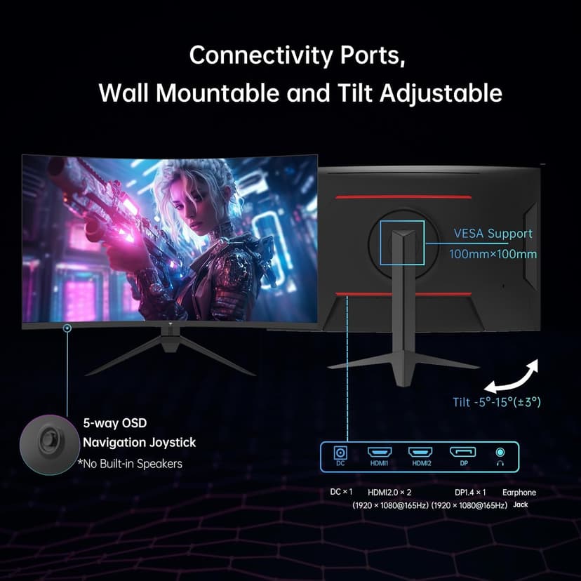 32 Inch FHD 1080p Curved Gaming Monitor - VA 1500R Curved Monitor, 165Hz 1ms MPRT, FreeSync & G-Sync, 122% sRGB, DP/HDMI, VESA, HDR10 for Gaming Home Office Business PC Monitor