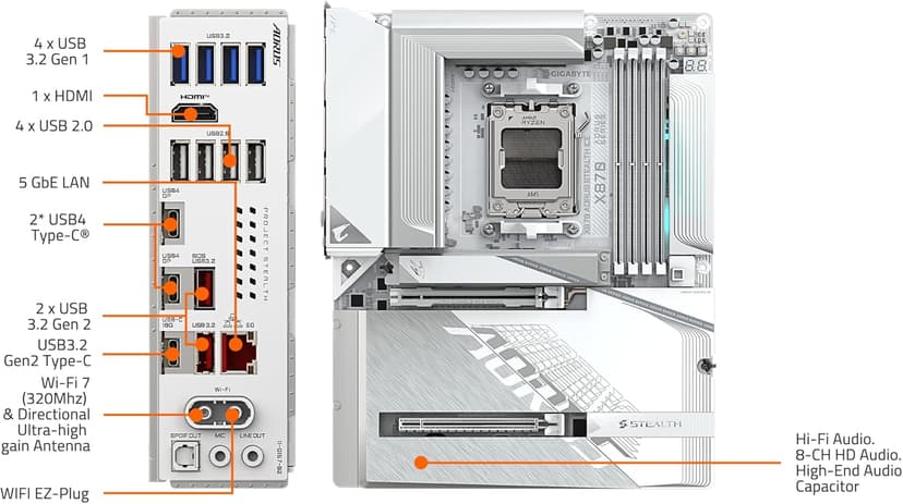 GIGABYTE X870 AORUS Stealth ICE AMD AM5 Motherboard, ATX, DDR5, 4X M.2, PCIe 5.0, 2xUSB-4,USB-C, WIFI7, 5GbE LAN, EZ-Latch
