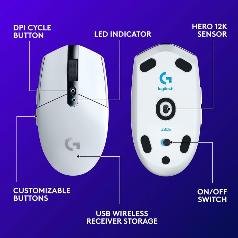 Logitech G305 LIGHTSPEED Wireless Gaming Mouse, Hero 12K Sensor, 12,000 DPI, Lightweight, 6 Programmable Buttons, 250h Battery Life, On-Board Memory, PC/Mac - White