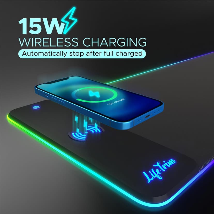 Wireless Charger LED Mousepad 35.5 x 12 Inch RGB Gaming Mouse Pad 10 Light Modes 4mm Thick Large Gaming Desk Pad Wireless Charging Cool Mouse Pad for PC Gaming Accessories & Gaming Gifts