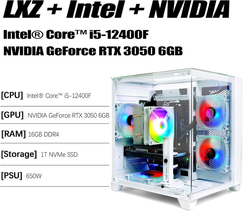 LXZ Gaming PC Desktop, I7-12700F, 2.1GHz, GeForce RTX 4060 8GB, 32GB DDR4 RAM, 1TB NVME SSD, for Advanced Gaming, Video Editing, and Work, White