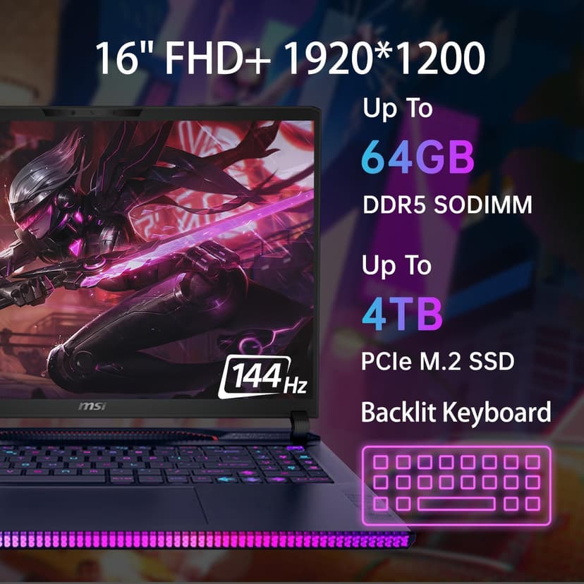 MSI Raider GE68HX Gaming Laptop, GeForce RTX 4070, 16" FHD+ Display, Intel 14 GEN Core i9-14900HX, 64GB DDR5 RAM, 4TB SSD, w/Office Lifetime & External DVD Drive, Win 11 Pro, Backlit KB, Wi-Fi 7