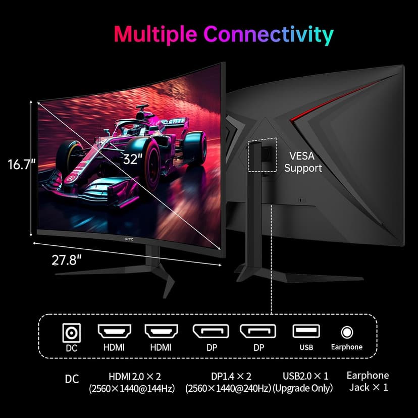 32 Inch 240Hz Curved Gaming Monitor, 2K 1440P Computer PC Monitor with 1000R 1ms Frameless, Adaptive Sync,122% sRGB, HDMI, DisplayPort, Tilt Adjustable, H32S25E