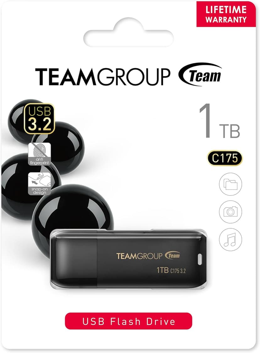 TEAMGROUP C175 1TB USB 3.2 Gen 1 (USB 3.1/3.0) Read 100MB/s Flash Thumb Drive, External Data Storage Memory Stick Compatible with Computer/Laptop Matte Black TC17531TBB01