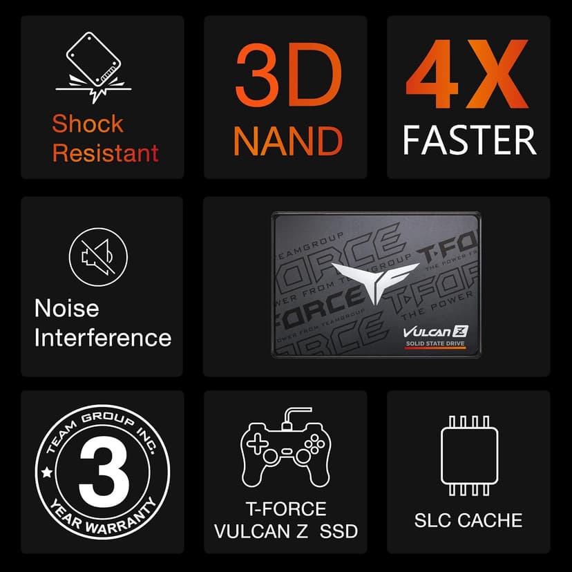 TEAMGROUP T-FORCE VULCAN Z 1TB SLC Cache 3D NAND TLC 2.5 Inch SATA III Internal Solid State Drive SSD (R/W Speed up to 550/500 MB/s) T253TZ001T0C101