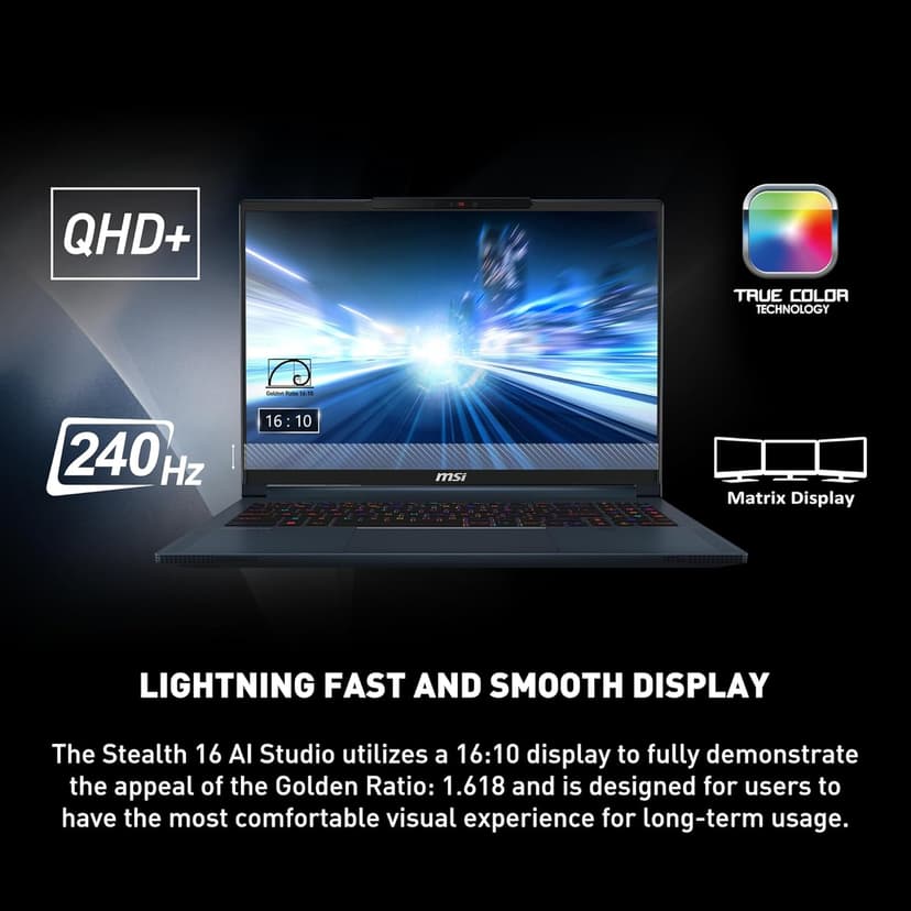 MSI Stealth 16 AI Studio 16” 240Hz QHD+ Gaming Laptop: Intel Core Ultra 9, NVIDIA Geforce RTX 4060, 32GB DDR5, 1TB NVMe SSD, Thunderbolt 4, Cooler Boost Trinity+, Win 11 PRO: Star Blue A1VFG-028US