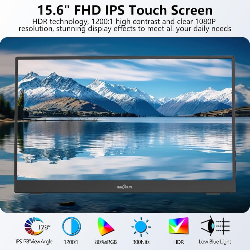 InnoView Portable Monitor Touchscreen 15.6" 1080P 10-Point Touch Screen Monitor Portable with Protective Sleeve Built-in Stand, 1200:1 HDMI USB C Travel Monitors for Laptop, PC, Mac, Phone, Switch