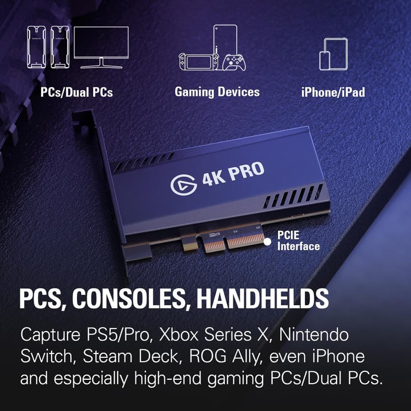 Elgato 4K Pro, Internal Capture Card: 8K60 Passthrough/4K60 HDR10 with Ultra-Low Latency on PS5 Pro, Xbox Series S, Nintendo Switch 2, for Streaming & Recording, Works with PC and Dual PC Setups