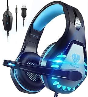 Gaming Headset with Microphone for PC, PS4, PS5, Headset Noise Cancelling Gaming Headphones for Switch, Laptop, Mac, Xbox Series X/S, Headphones with LED Lights, Deep Bass for Kids Adults, Black Blue