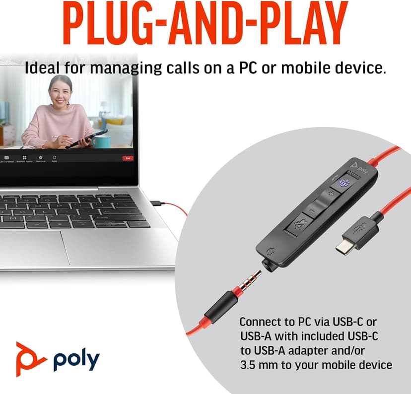 Poly Blackwire 3325 Wired Headset (Plantronics) – Flexible Microphone Boom – Hi-fi Stereo - PC/Mac/Mobile - Certified for Microsoft Teams - Amazon Exclusive