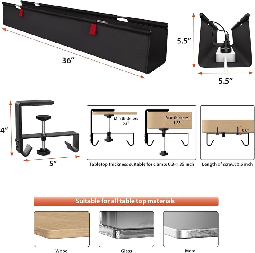 Univivi No Drill Under Desk Cable Management Tray, 36" Cord Organizer for Table, Clamp/Screw Mount Desk Cable Management, Premium Fabric Cable Management Tray for Office, Home