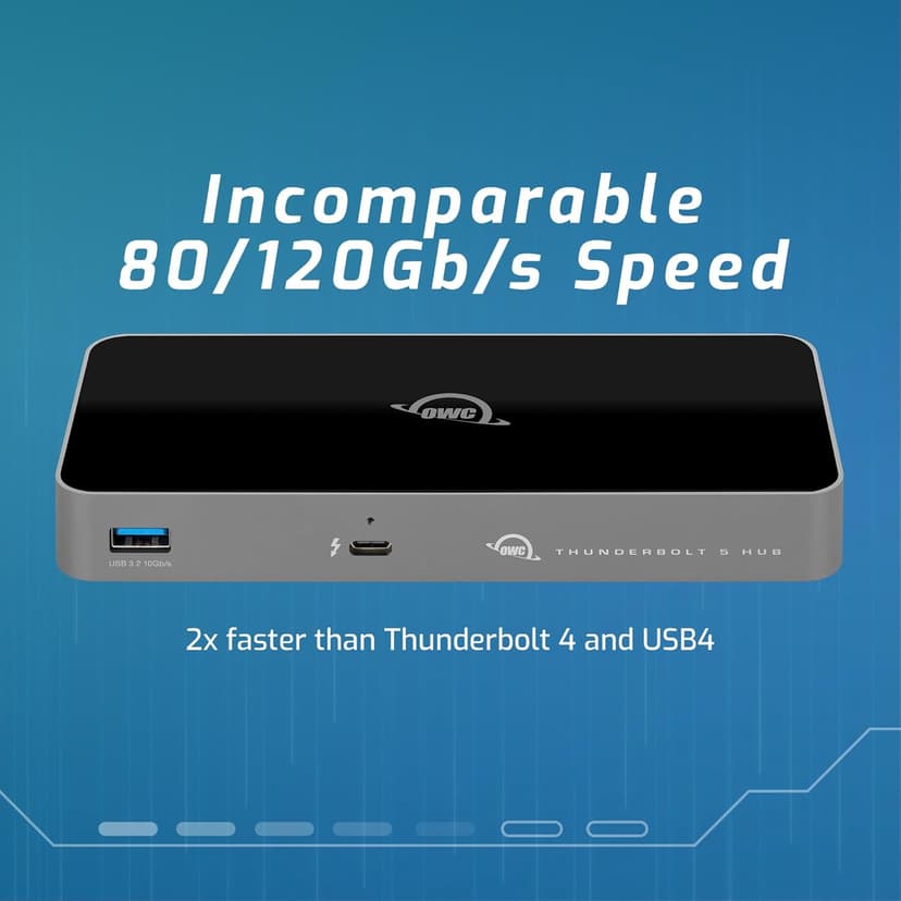OWC Thunderbolt 5 Hub, 3 x Thunderbolt 5 Ports, USB-A Port, Up to 80/120Gb/s, Up to 3 8k displays, 140 w Power & Charging, Compatible with Mac & PC, Thunderbolt 5/4/3, USB4 & USB-C