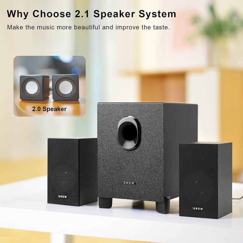 OROW S211 New USB-Powered 2.1 Multimedia Speakers System with Subwoofer,16W Computer Speakers,Strong Bass,3.5mm Audio Inputs,Great for PC/PS4/TV (Wooden)