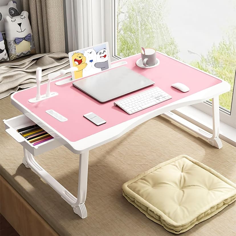 Laptop Bed Table, Laptop Desk for Bed, Foldable Laptop Bed Desk with USB Charge Port, Handle, Desktop Card Slot, Cup Slot, Side Drawer, Portable Laptop Table for Eating Reading Working