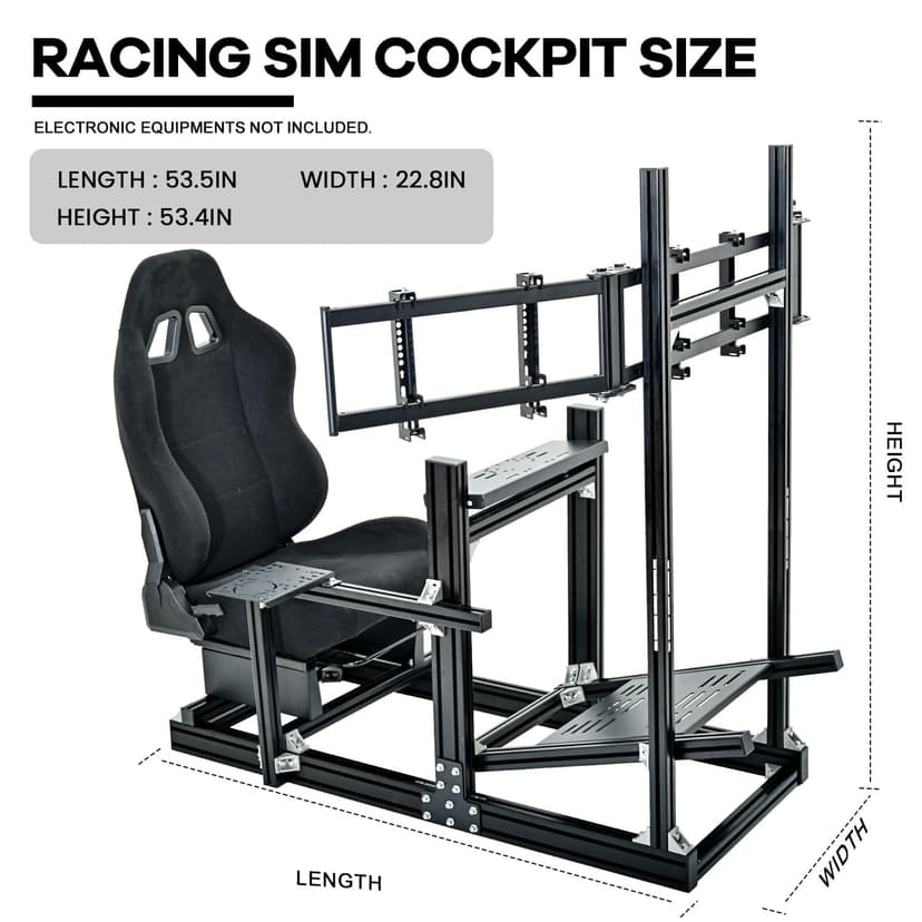 Anman Aluminum Profile Racing Simulator Cockpit with Triple Monitor Mount Black Seat,for Logitech/Thrustmaster/Fanatec Direct Drive Steering Wheel, GPRO T818,Multi Adjustable Universal cockpit