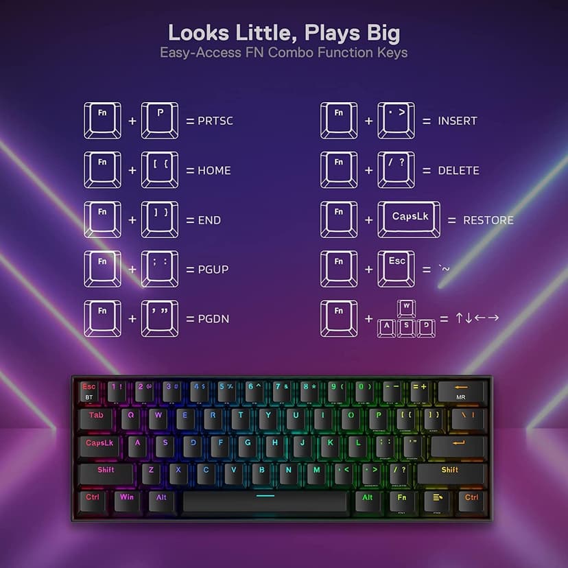 Redragon K530 Pro Draconic 60% Wireless RGB Mechanical Keyboard, BT/2.4Ghz/Wired 3-Mode 61 Keys Compact Gaming Keyboard w/Hot-Swap Socket, Free-Mod Plate Mounted PCB & Linear Red Switch
