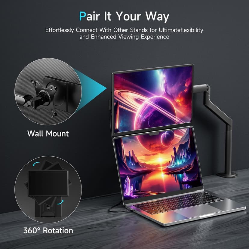 2025 Upgraded Laptop screen extender, 16.1" FHD 1200P, 360° Rotating, Plug&Play, Ultra-Thin Zero Frame, Detachable Stand, portable monitor for laptop, Travel Monitor for Laptop/PC/Mac/Phone