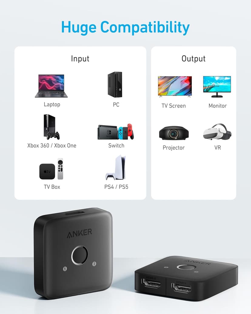 Anker HDMI Switch with 2 Pack 1ft HDMI 2.0 Cable, 4K@60Hz HDMI-Splitter, 2 in 1 Out with Smooth Finish, Supports HDR, Dolby, Compatible with Laptops, PC, Xbox Series, PS5 / PS4, Projector, and More