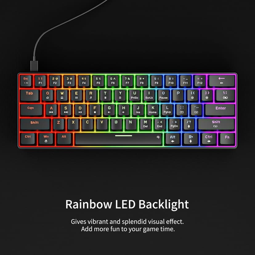 Newmen GM611 Mechanical Keyboard,Rainbow LED Backlit Gaming Wired Keyboards Compact Mini 61 Keys Portable 60 Percent Mechanical Keyboard with Black Keycaps,for Windows Laptop PC Linear Red Switches