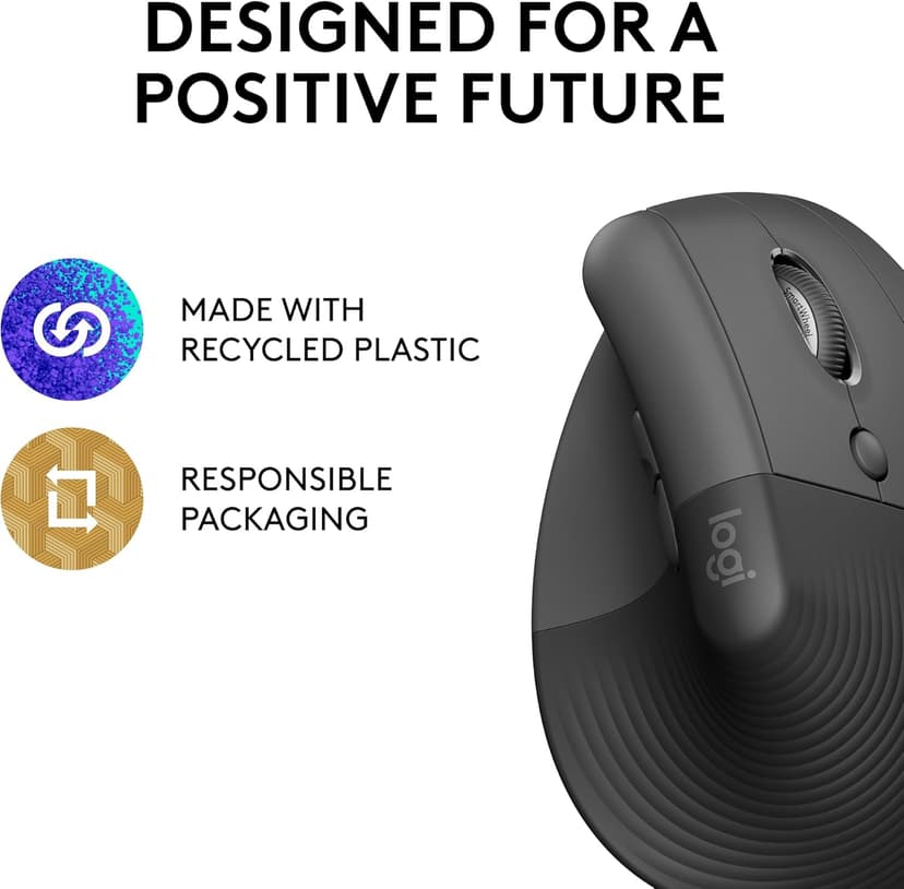 Logitech Lift Vertical Ergonomic Mouse, Wireless Bluetooth or USB Receiver, Quiet Clicks, 4 Buttons, Right Hand Wireless Mouse, Windows/macOS/iPadOS, Laptop, PC - Graphite