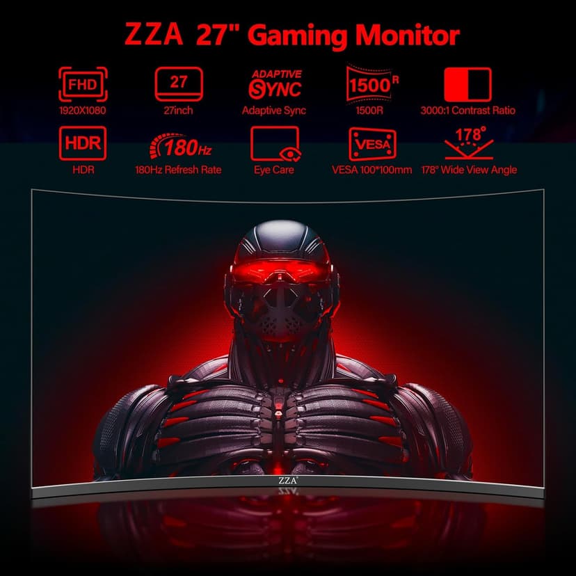 ZZA 27 Inch Curved Gaming Monitor 180Hz /144HZ 1ms FHD 1080P Computer Monitor FreeSync|1500R|130% sRGB|HDR|Low Blue Light|HDMI DP Ports|VESA Mount|Metal Stand