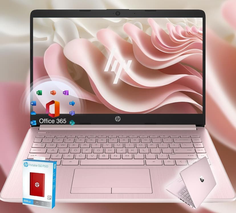 HP 14 Ultrabook • Limited Edition with Microsoft 365 • Intel 4-Core CPU • 32GB RAM • 1600GB Storage (64GB On Board with HP 512GB P500 Portable SSD + 1TB OneDrive) • Pink • Win 11 (Renewed)