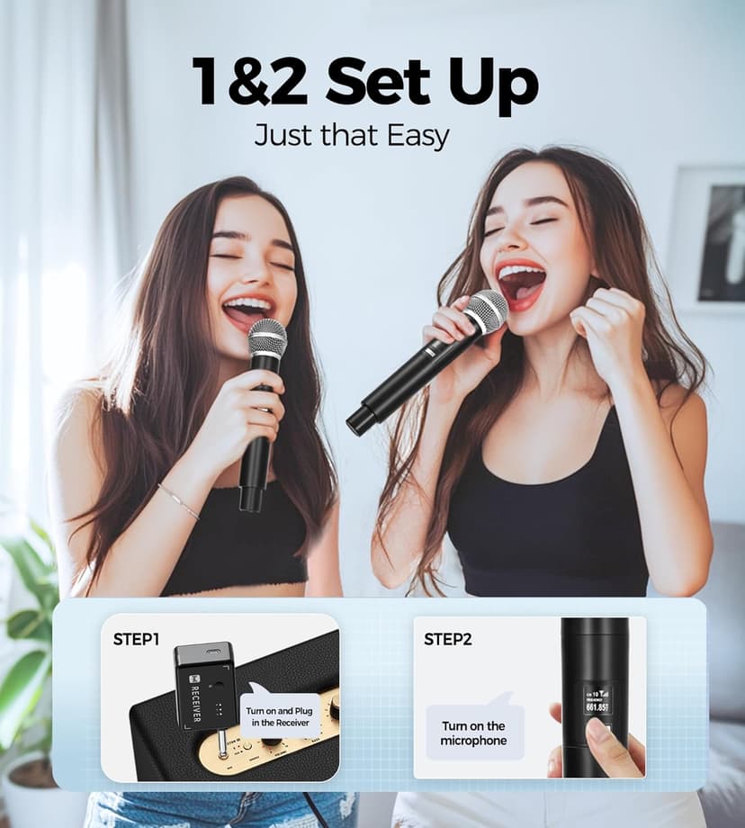 Wireless Microphones, Microphone with One-to-One Chip Connection, 40H Duration, 200 FT Distance Receiving, Rechargeable Receiver, 40H Long Duration, Karaoke Microphone for Singing, Party