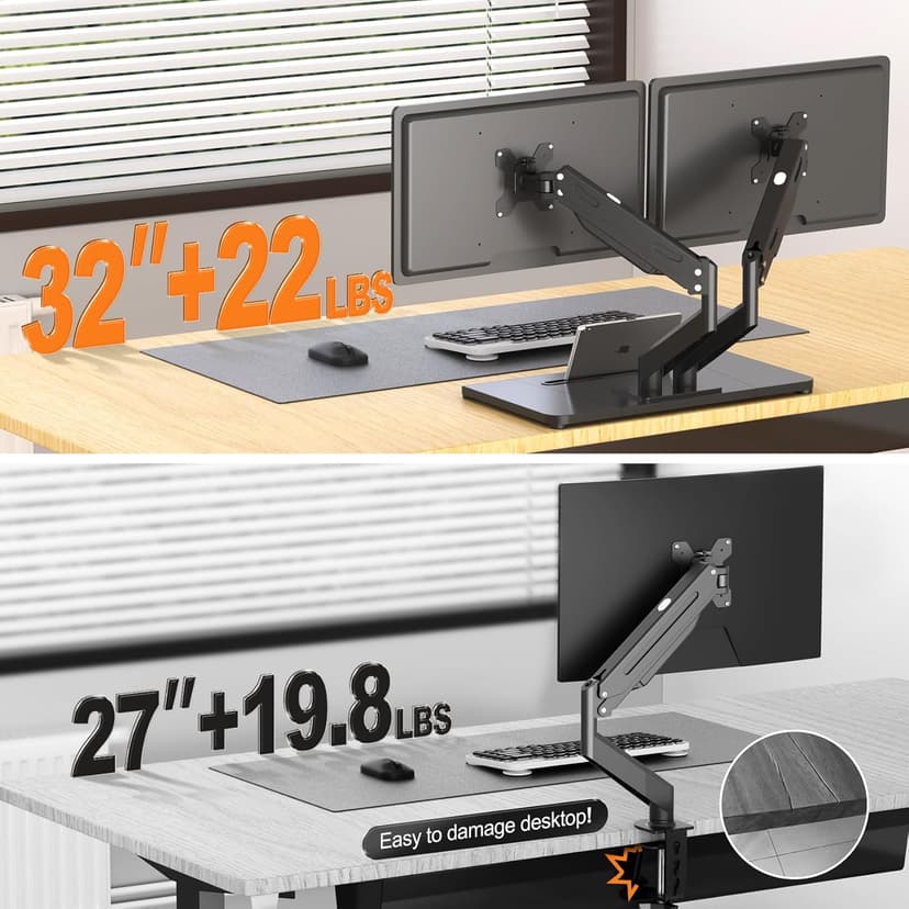 Pholiten Adjustable Dual Monitor Arms with Gas Spring for 17-32 inch Screens,Pneumatic Dual VESA Monitor Mount with Base,Freestanding Full Motion Dual Monitor Desk Stand Holds up to 22 lbs Each. ﻿