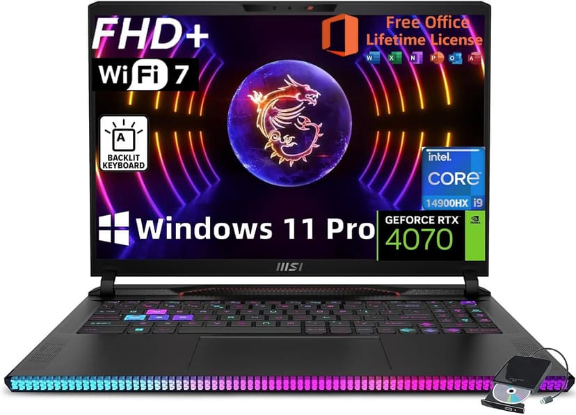 MSI Raider GE68HX Gaming Laptop, GeForce RTX 4070, 16" FHD+ Display, Intel 14 GEN Core i9-14900HX, 64GB DDR5 RAM, 4TB SSD, w/Office Lifetime & External DVD Drive, Win 11 Pro, Backlit KB, Wi-Fi 7